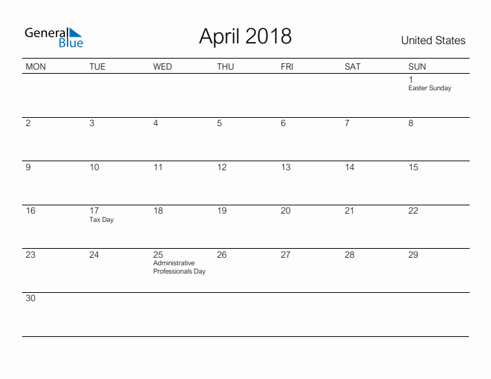 Printable April 2018 Calendar for United States