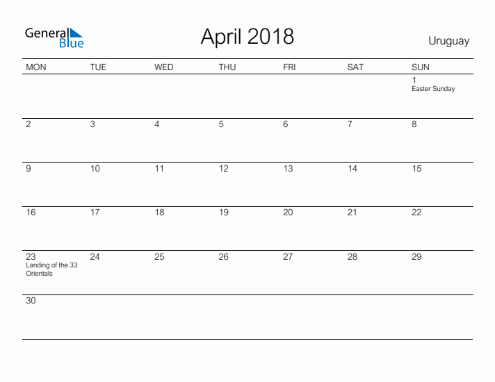 Printable April 2018 Calendar for Uruguay