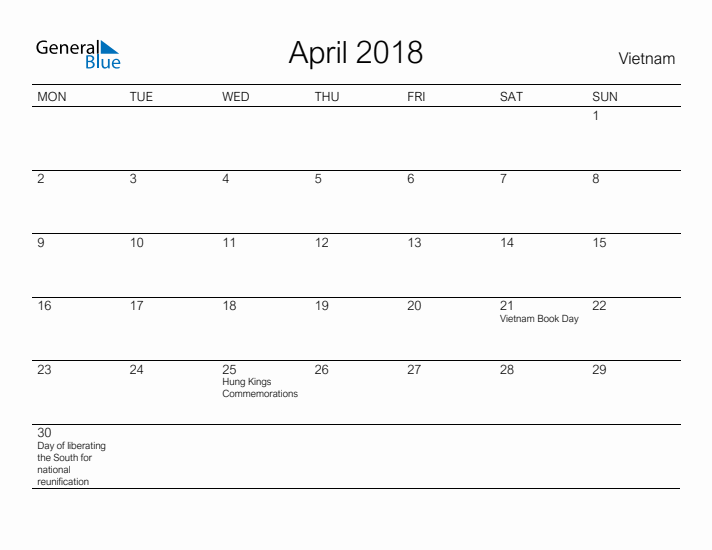 Printable April 2018 Calendar for Vietnam