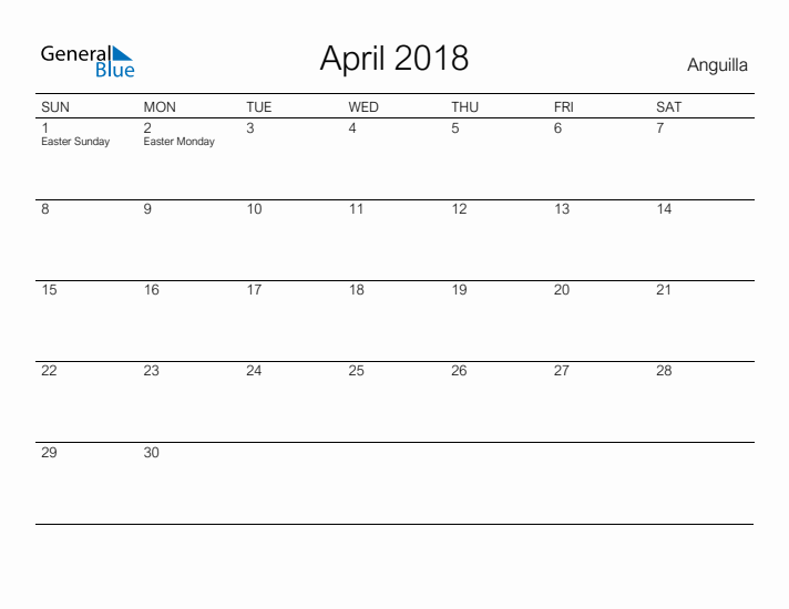 Printable April 2018 Calendar for Anguilla