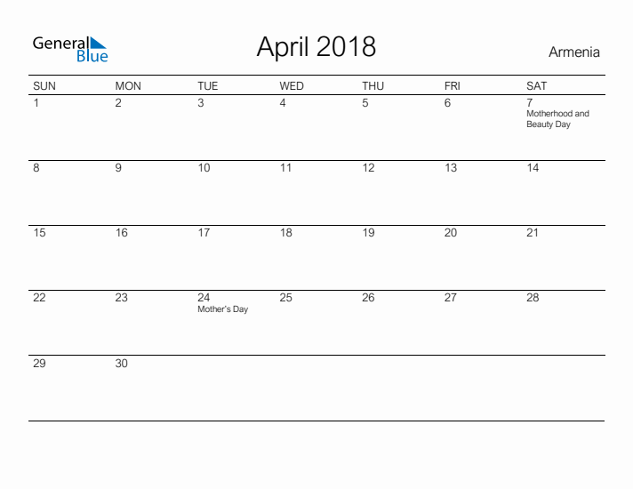 Printable April 2018 Calendar for Armenia