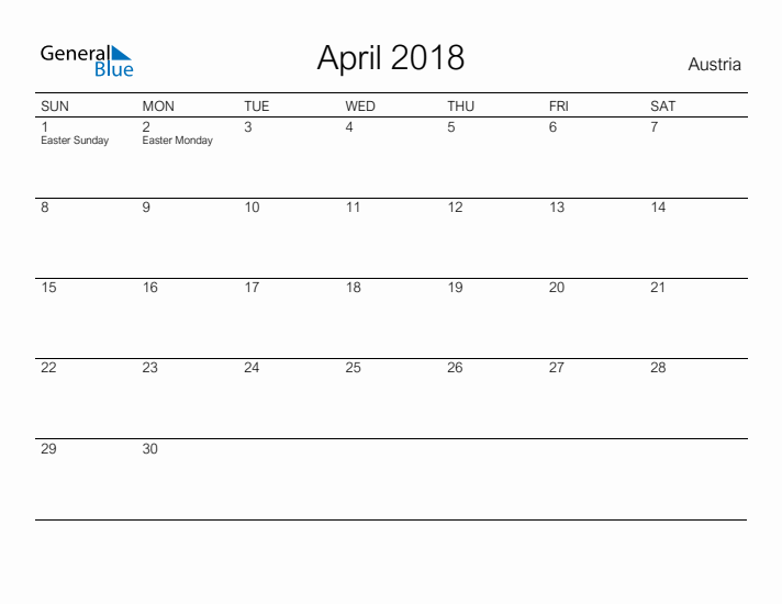 Printable April 2018 Calendar for Austria