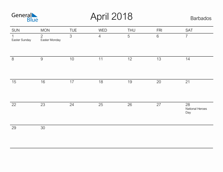 Printable April 2018 Calendar for Barbados