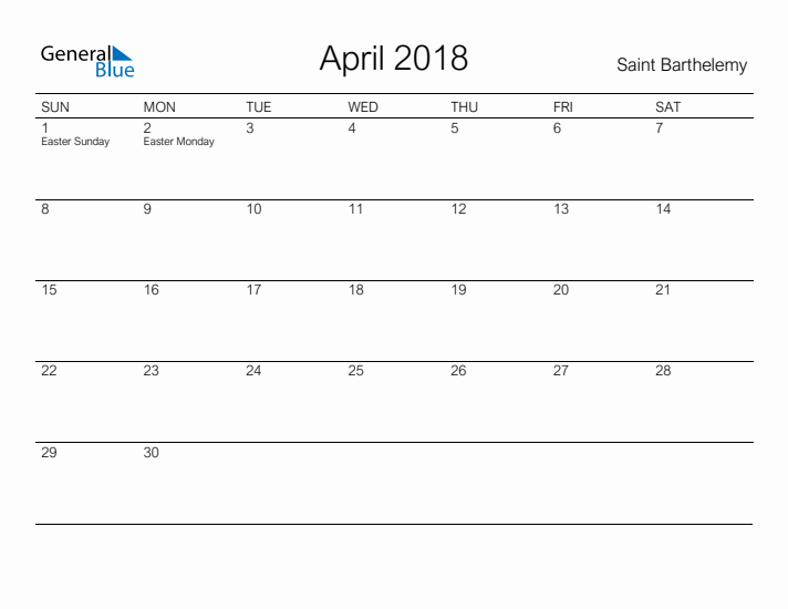 Printable April 2018 Calendar for Saint Barthelemy