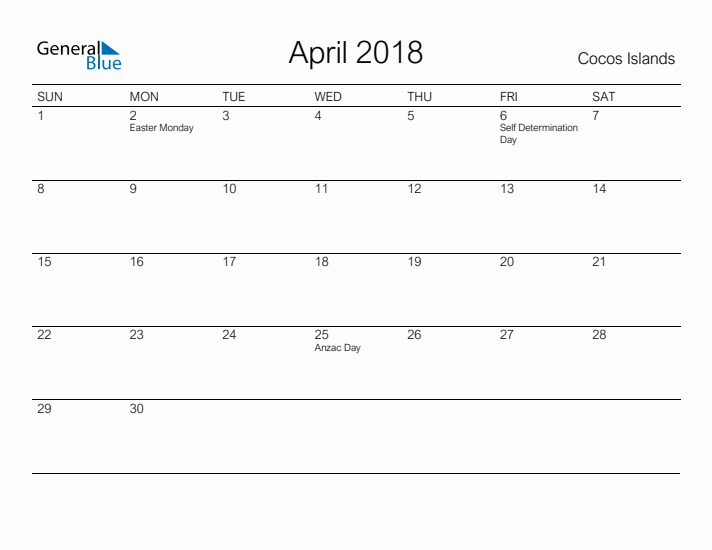 Printable April 2018 Calendar for Cocos Islands