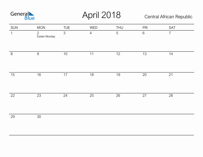 Printable April 2018 Calendar for Central African Republic