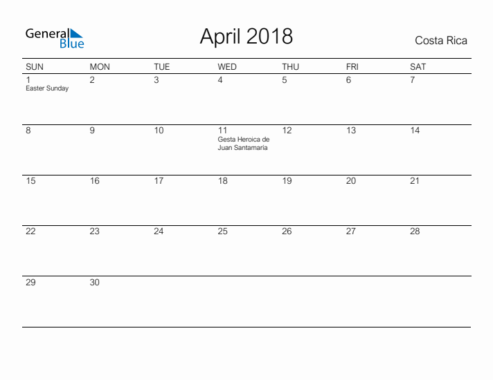 Printable April 2018 Calendar for Costa Rica