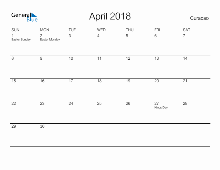 Printable April 2018 Calendar for Curacao