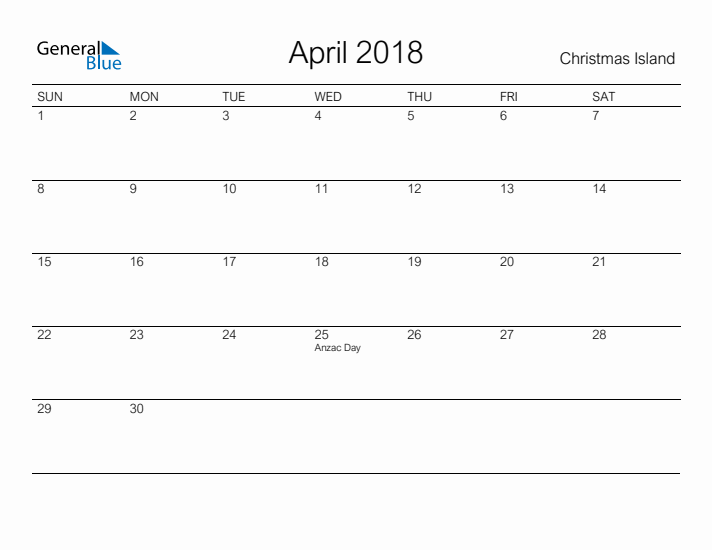 Printable April 2018 Calendar for Christmas Island