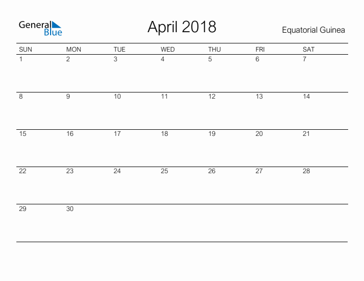 Printable April 2018 Calendar for Equatorial Guinea