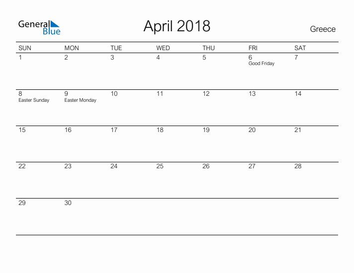 Printable April 2018 Calendar for Greece