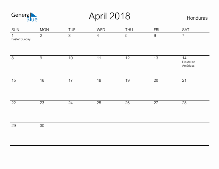 Printable April 2018 Calendar for Honduras