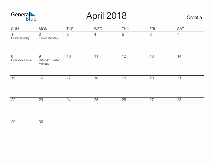 Printable April 2018 Calendar for Croatia