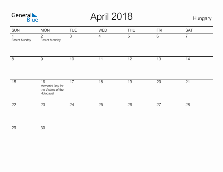 Printable April 2018 Calendar for Hungary