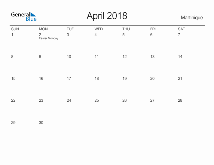 Printable April 2018 Calendar for Martinique