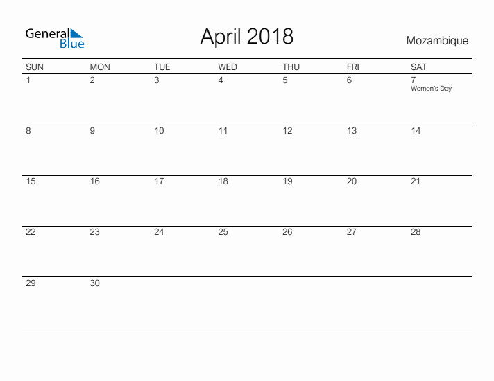 Printable April 2018 Calendar for Mozambique