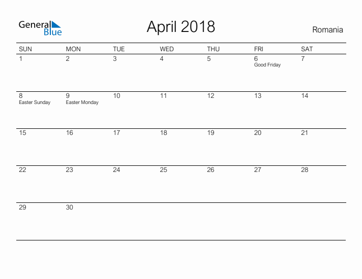 Printable April 2018 Calendar for Romania