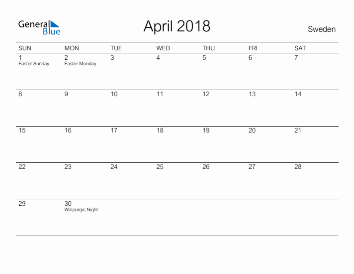 Printable April 2018 Calendar for Sweden