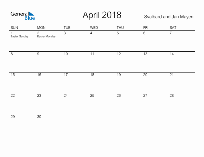 Printable April 2018 Calendar for Svalbard and Jan Mayen