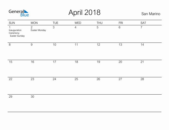 Printable April 2018 Calendar for San Marino