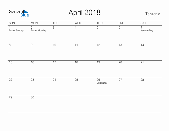 Printable April 2018 Calendar for Tanzania