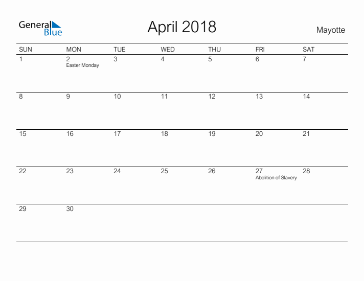 Printable April 2018 Calendar for Mayotte