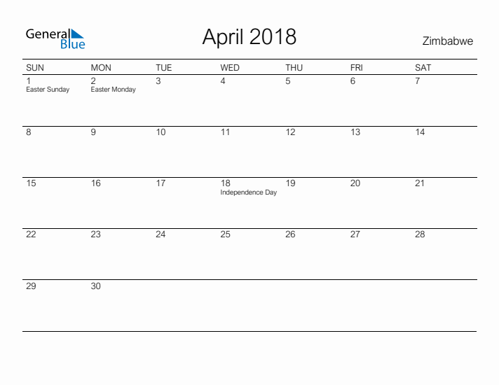 Printable April 2018 Calendar for Zimbabwe