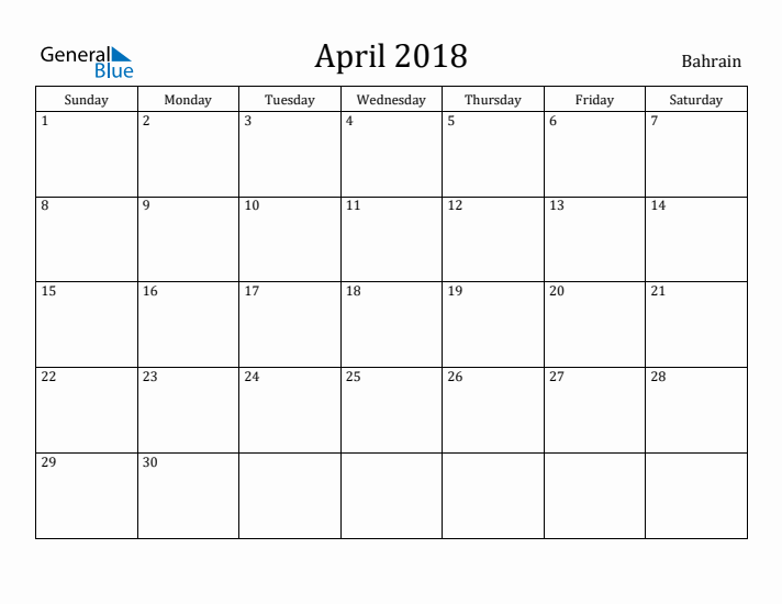 April 2018 Calendar Bahrain