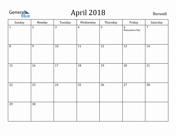 April 2018 Calendar Burundi