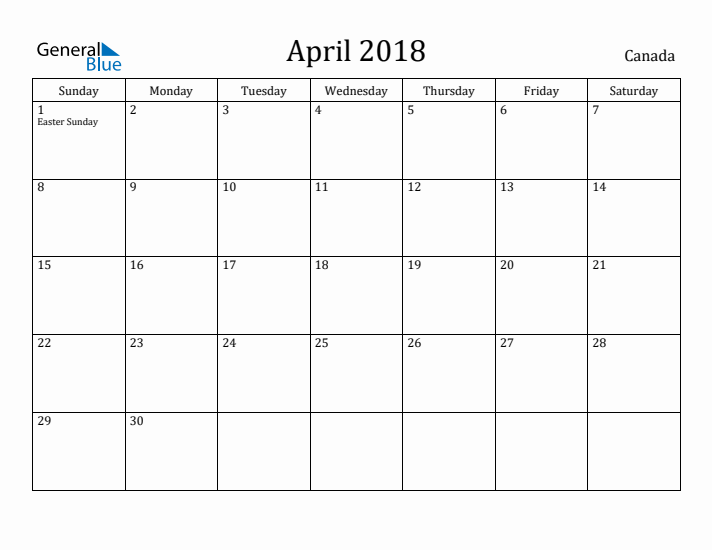 April 2018 Calendar Canada