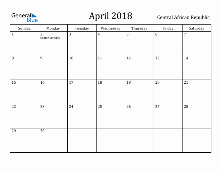 April 2018 Calendar Central African Republic