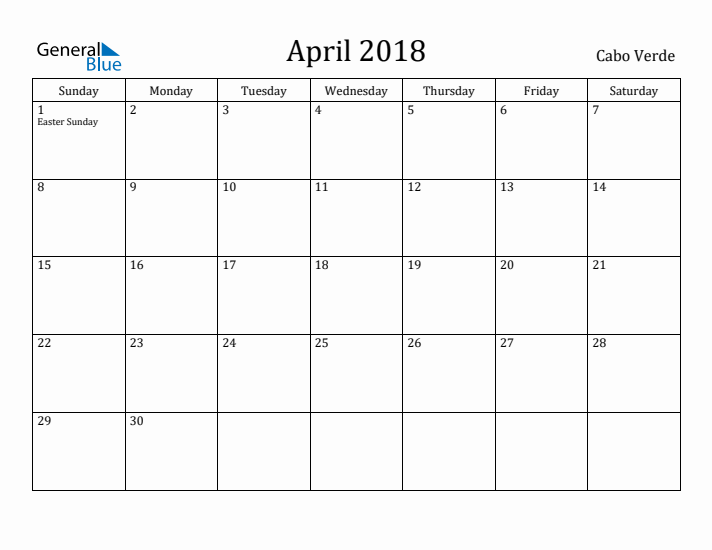 April 2018 Calendar Cabo Verde