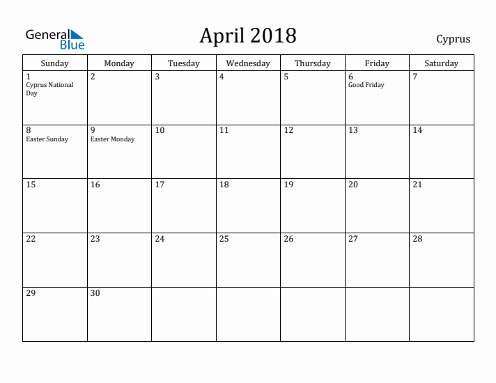 April 2018 Calendar Cyprus