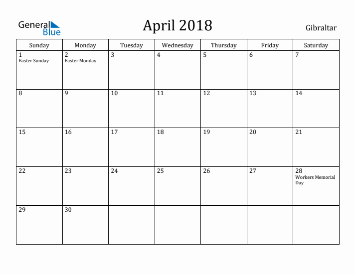 April 2018 Calendar Gibraltar