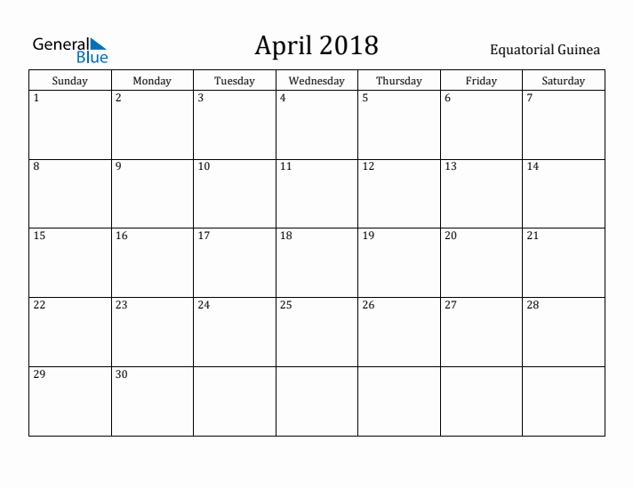 April 2018 Calendar Equatorial Guinea