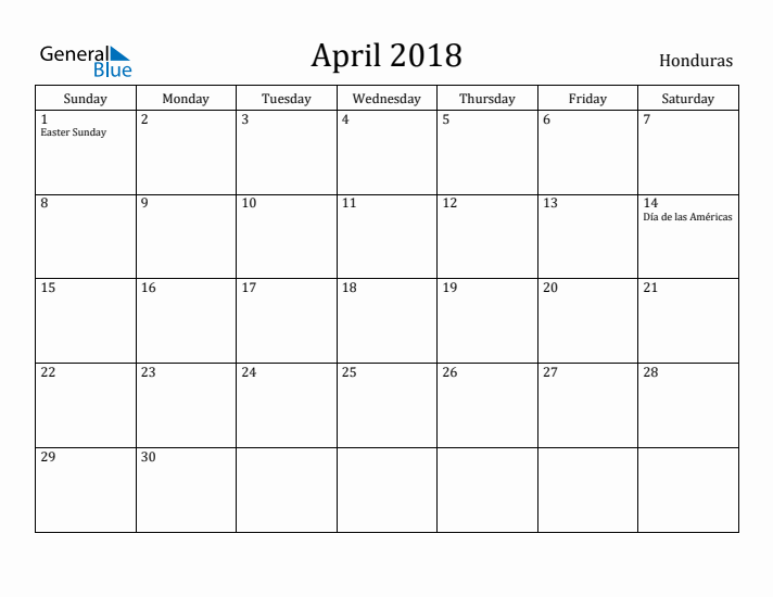 April 2018 Calendar Honduras