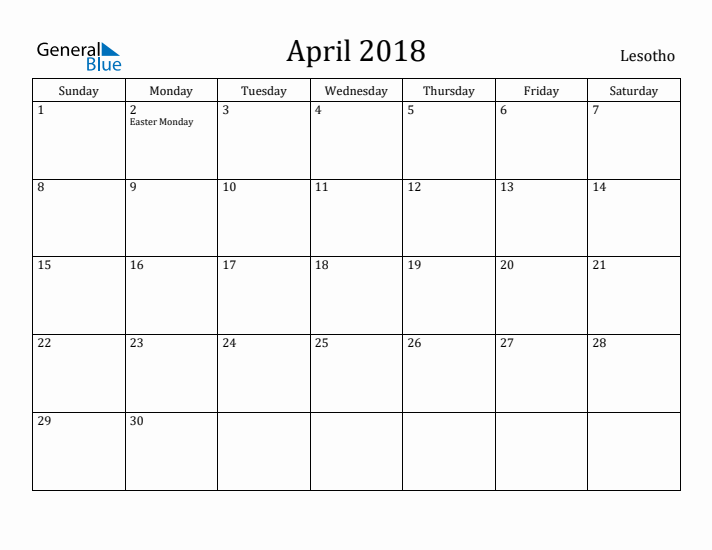 April 2018 Calendar Lesotho