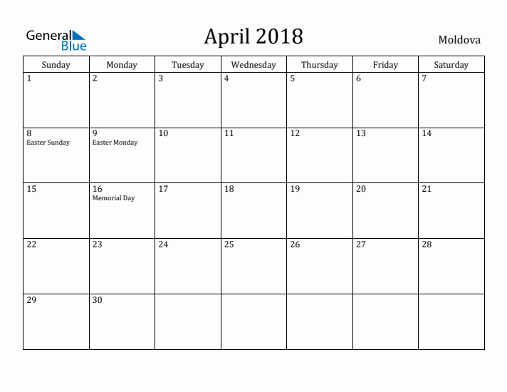 April 2018 Calendar Moldova