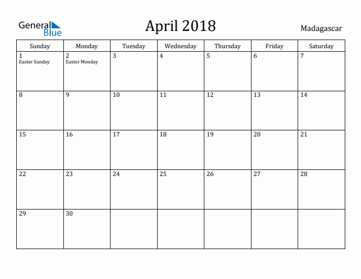 April 2018 Calendar Madagascar