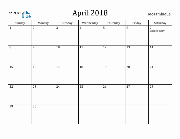 April 2018 Calendar Mozambique