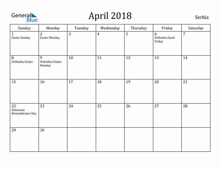 April 2018 Calendar Serbia