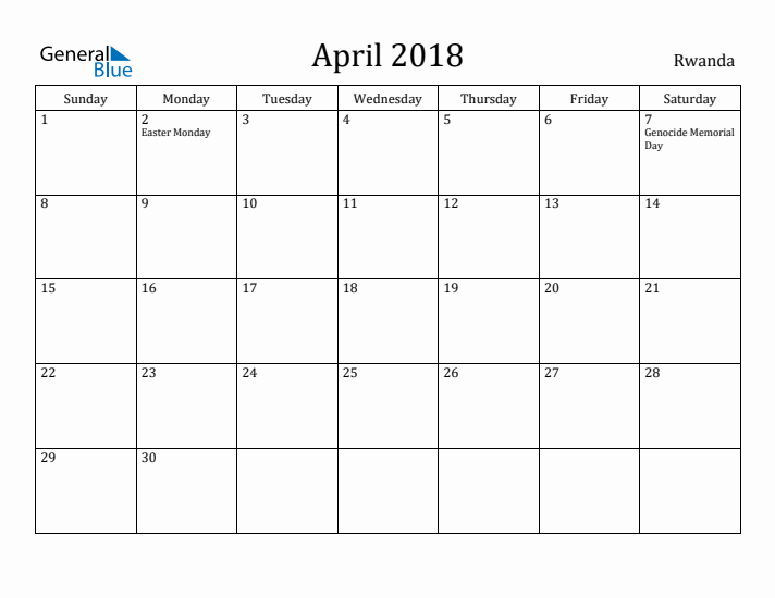 April 2018 Calendar Rwanda