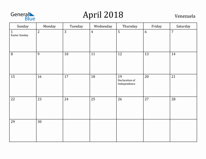 April 2018 Calendar Venezuela