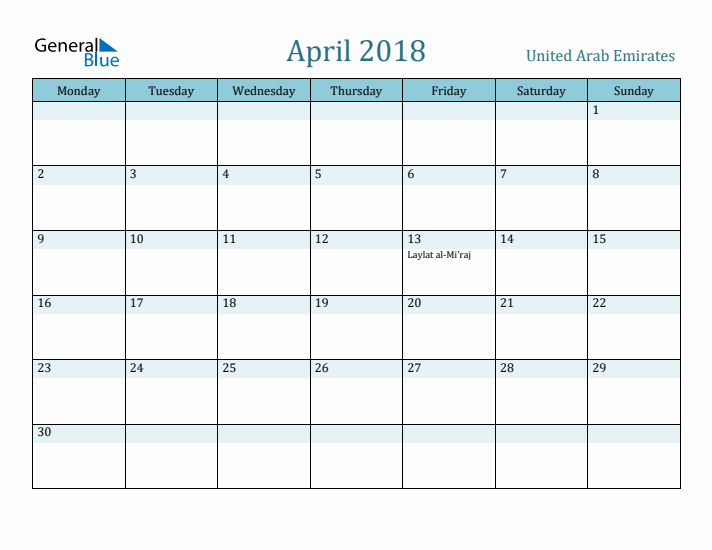 April 2018 Calendar with Holidays