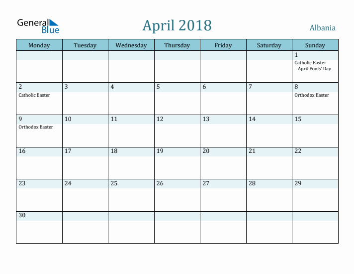 April 2018 Calendar with Holidays