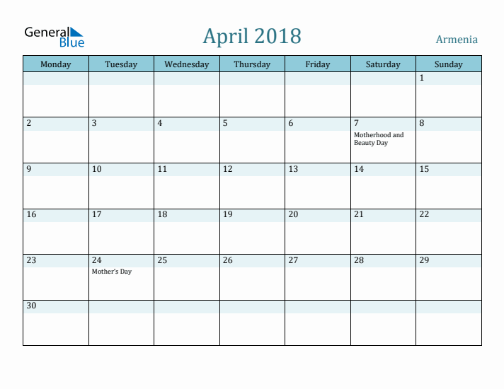 April 2018 Calendar with Holidays