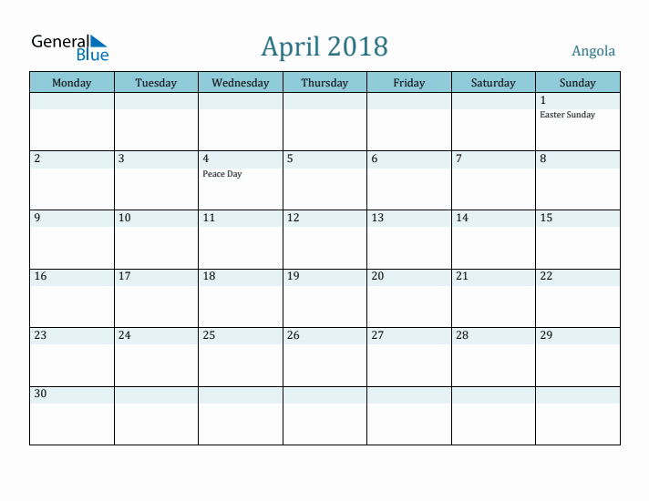 April 2018 Calendar with Holidays