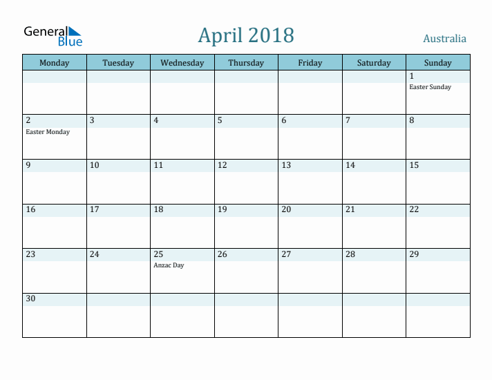 April 2018 Calendar with Holidays