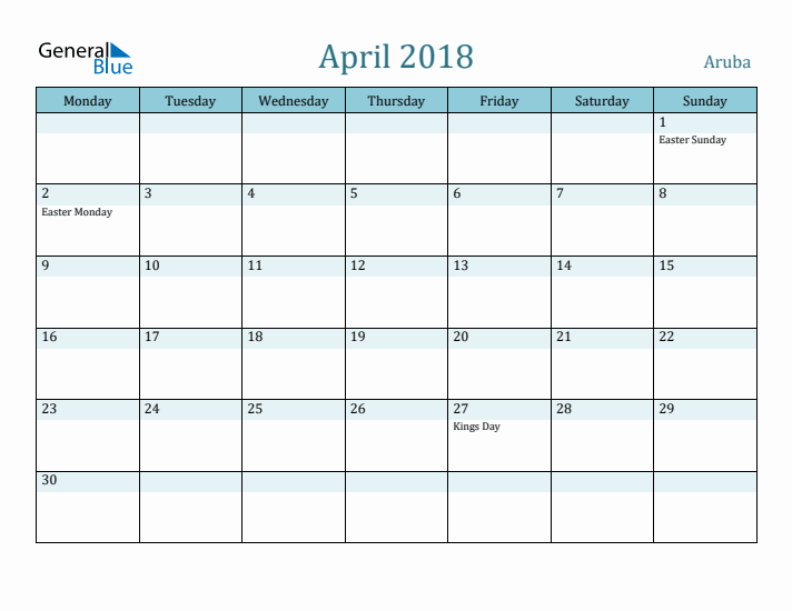 April 2018 Calendar with Holidays