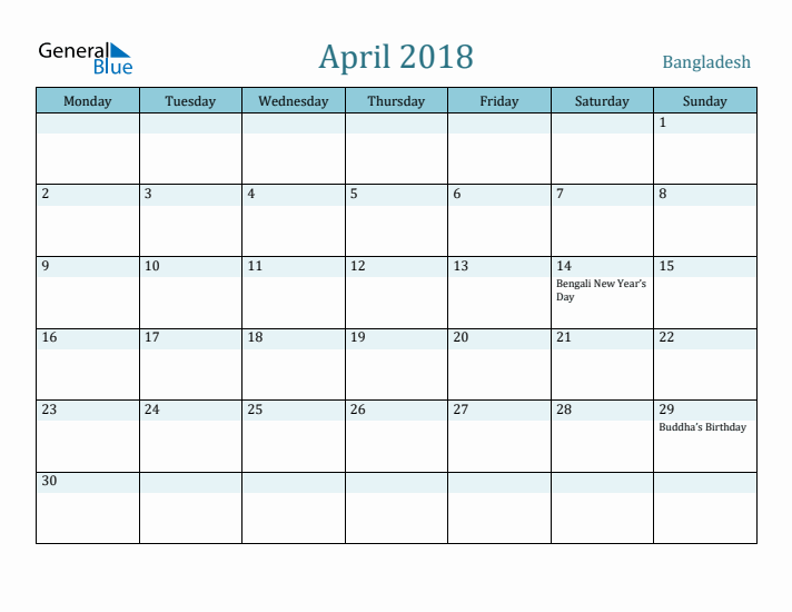 April 2018 Calendar with Holidays